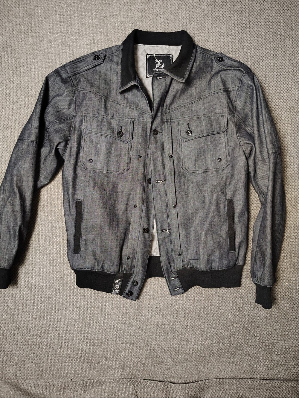 Vintage LRG Denim Bomber Jacket Dark Gray Streetwear Y2K Epaulets Men's Size XL